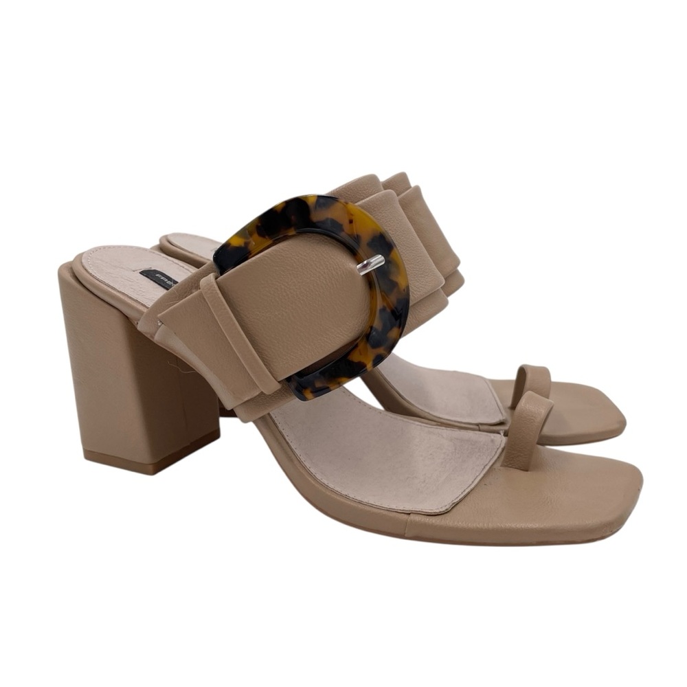 French Connection Tan Nude Slide Sandal Chunky Heel Tortoise Shell Buckle Size 9